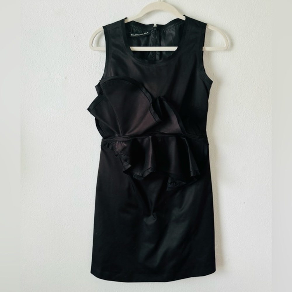 Balenciaga Silk vintage tailored structured ruffle rosette black cocktail dress